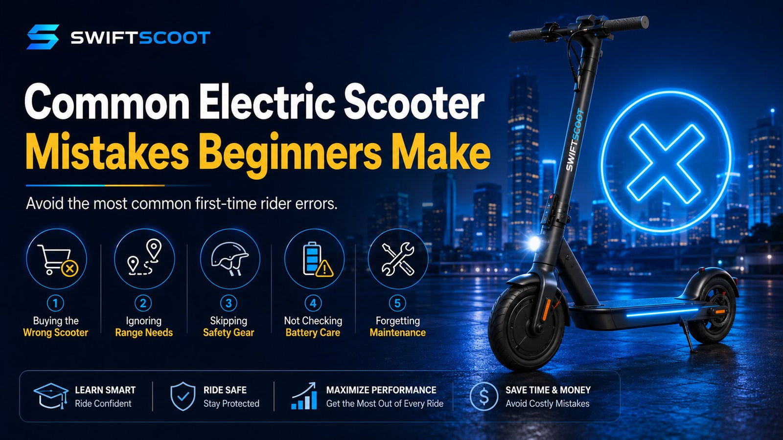 Common electric scooter mistakes beginners make with safety, battery, brakes and tyre tips for new riders.