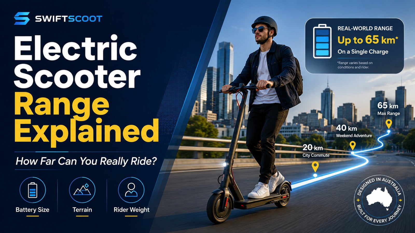 Electric scooter range explained with a SwiftScoot e-scooter, battery indicator and city commuting route.