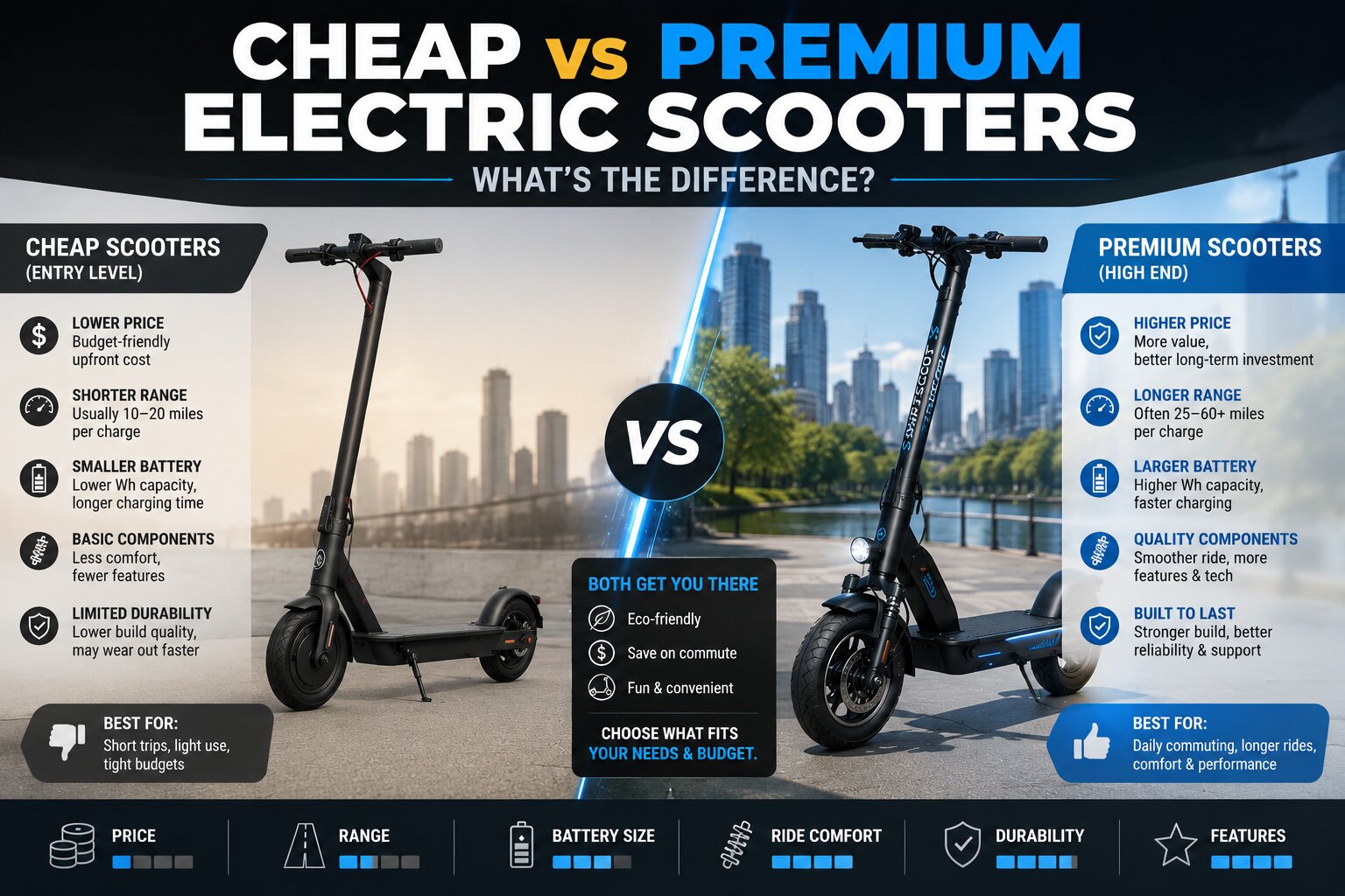 Cheap vs premium electric scooters compared for range, battery, brakes and commuter performance.